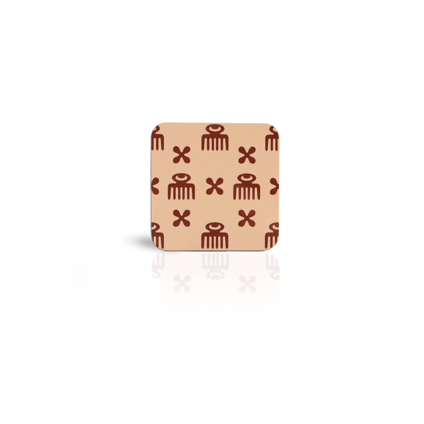 oat Duafe adinkra square wooden coaster on white background.