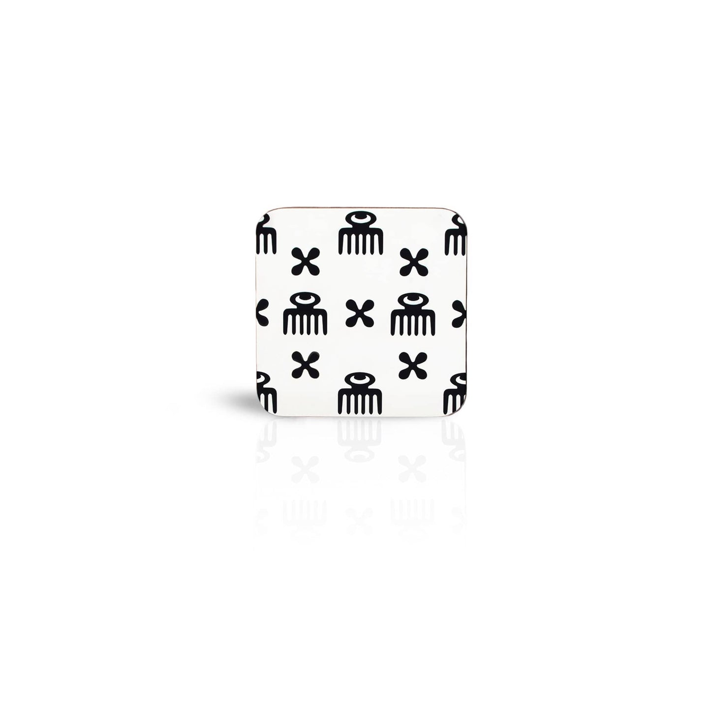 white Duafe adinkra square wooden coaster on white background.