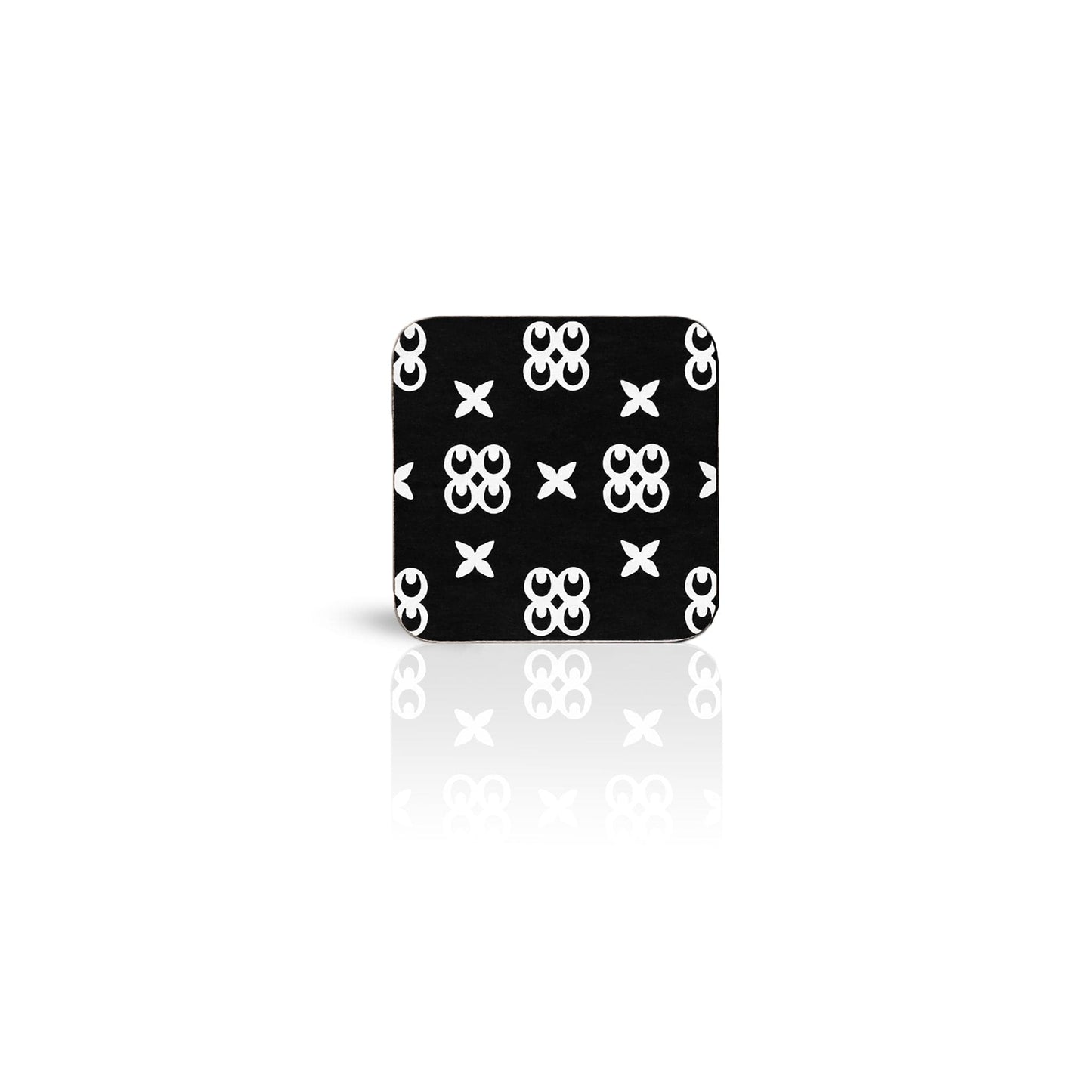 black Mate Masie adinkra square wooden coaster on white background.