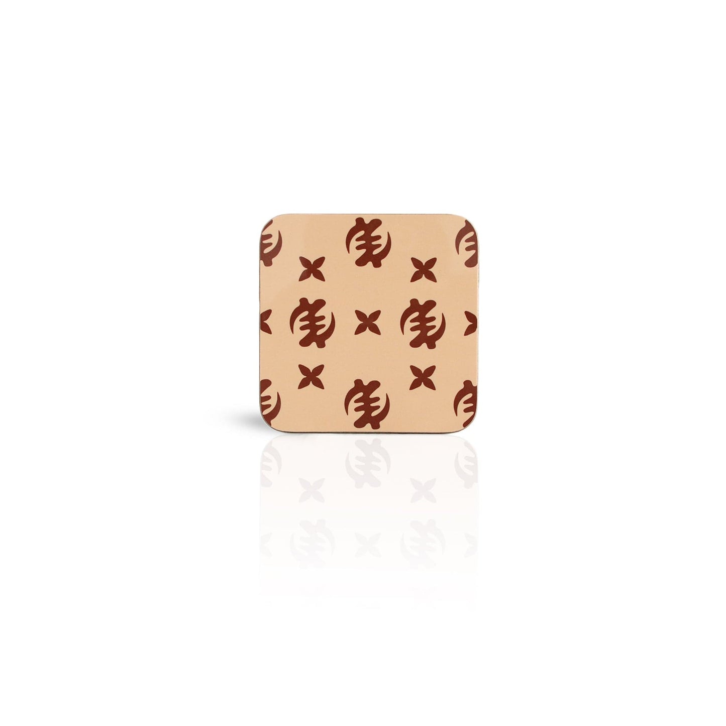oat coloured Nyame adinkra wooden coaster on white background.