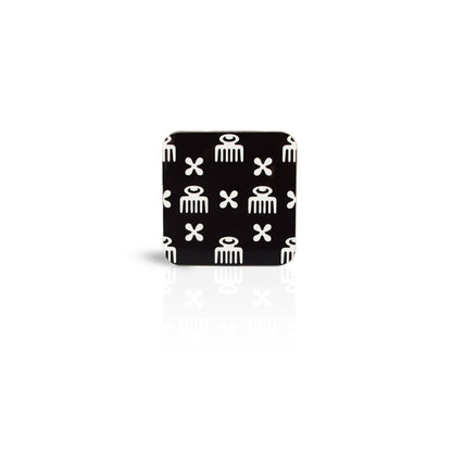 black Duafe adinkra square wooden coaster on white background.