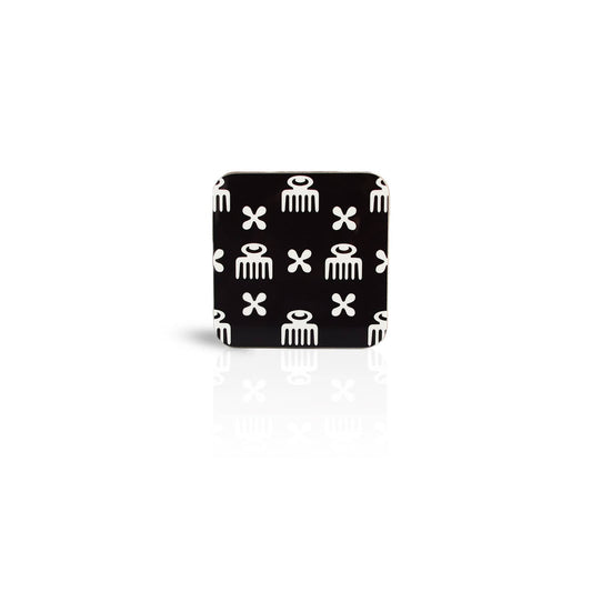 black Duafe adinkra square wooden coaster on white background.
