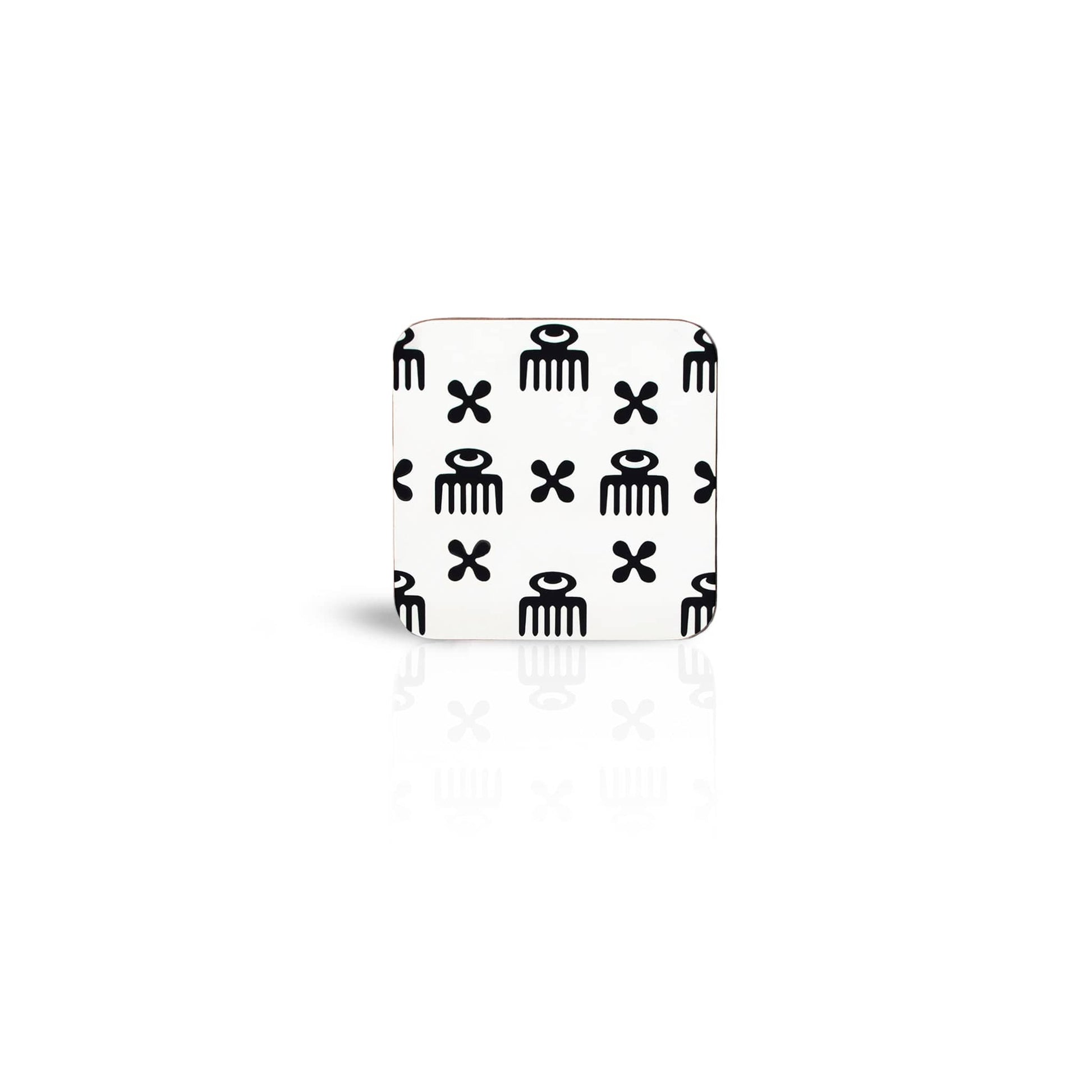 white Duafe adinkra square wooden coaster on white background.