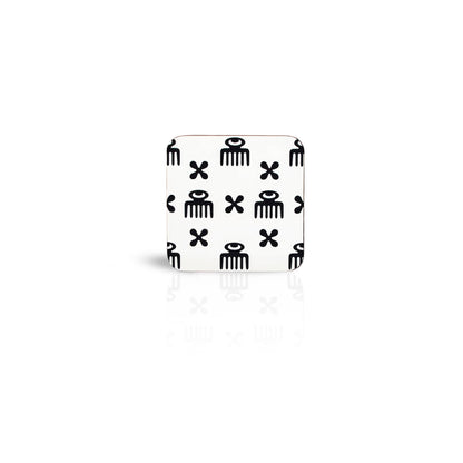 white Duafe adinkra square wooden coaster on white background.