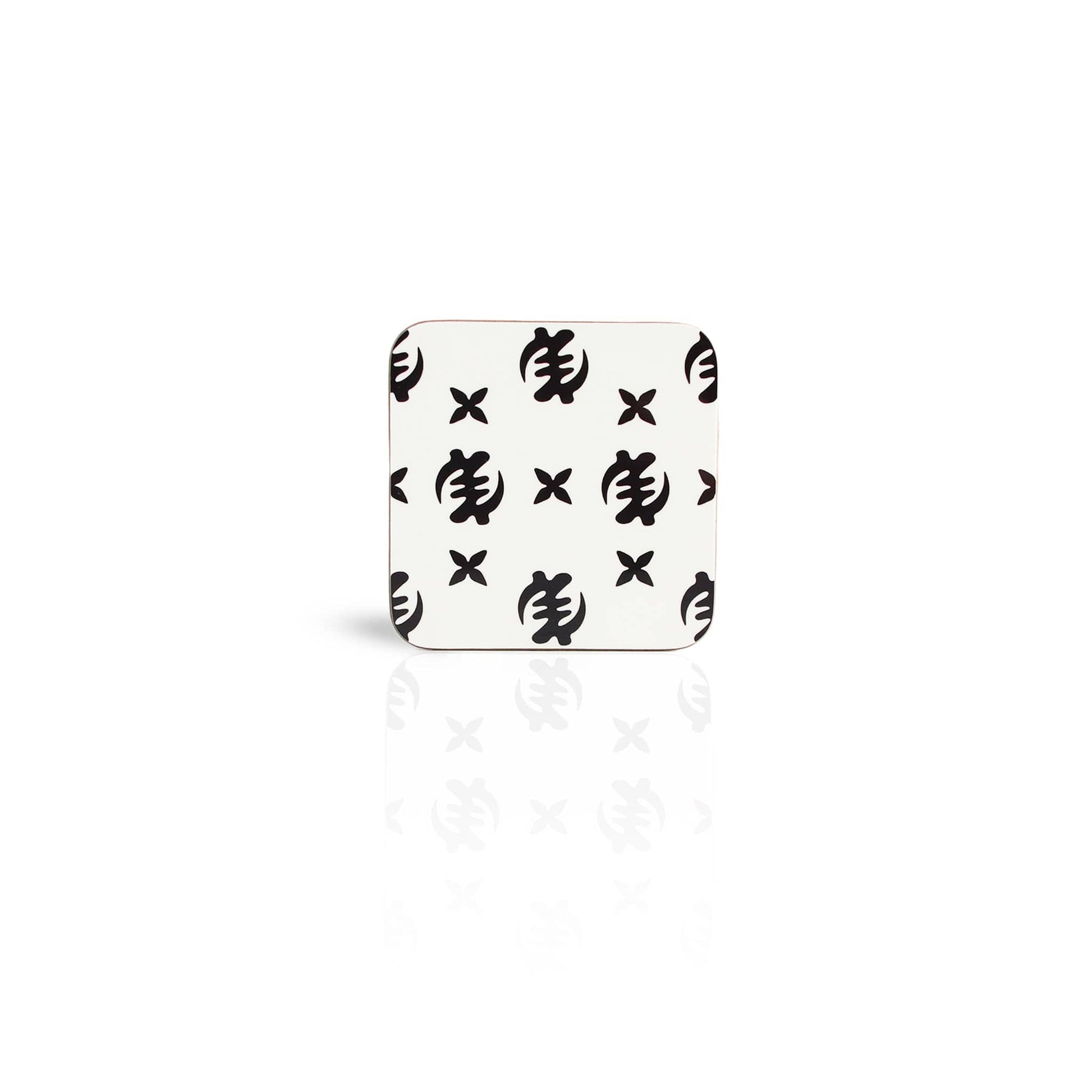 white coloured Nyame adinkra wooden coaster on white background. 